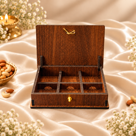 6 Cavity Prelam MDF Diwali Box – open view on cream satin background
