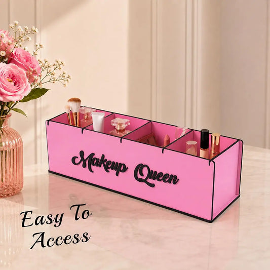 Personalized 4 in1 Makeup Organizer Box, 4 Compartment with 3D Makeup Queen Tag Cosmetic Pink Makeup Organizer Box, Organize for Cosmetic Products for Woman