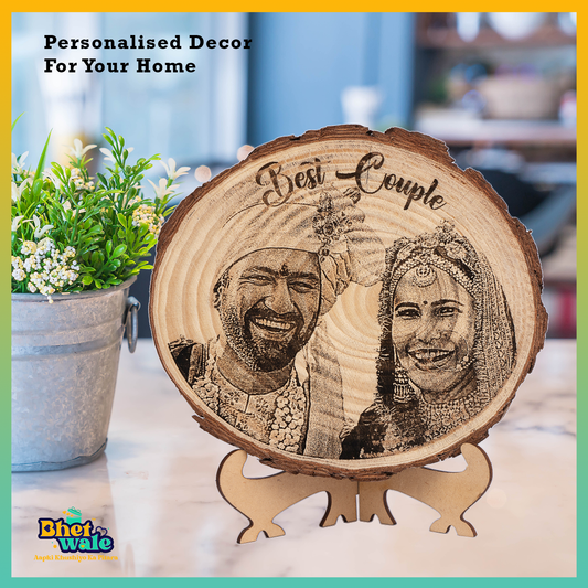 Customized Engraved Natural Wooden Slice Photo Frame with Wood Stand