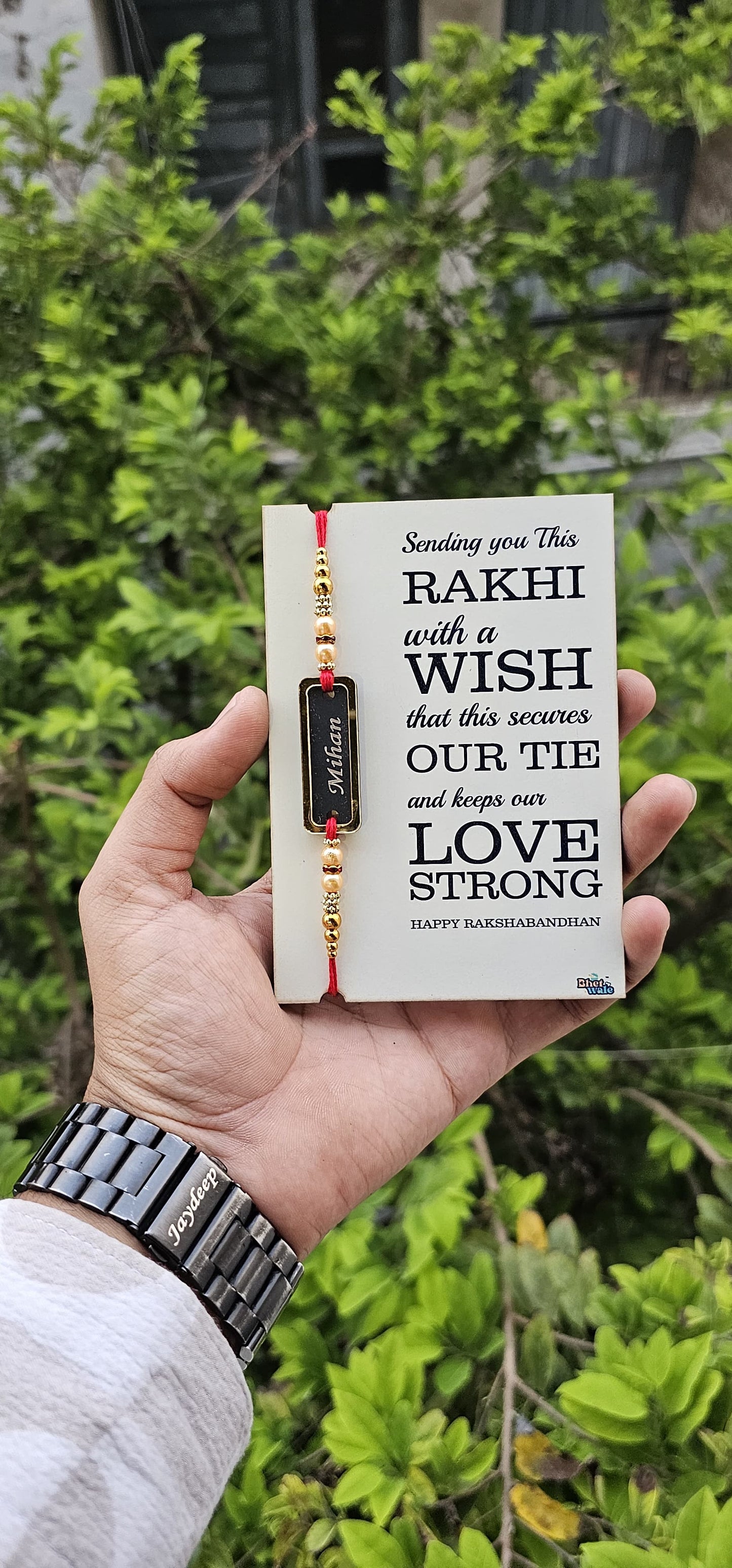 Personalized Name Rakhi with Message Card – Acrylic & MDF Combo