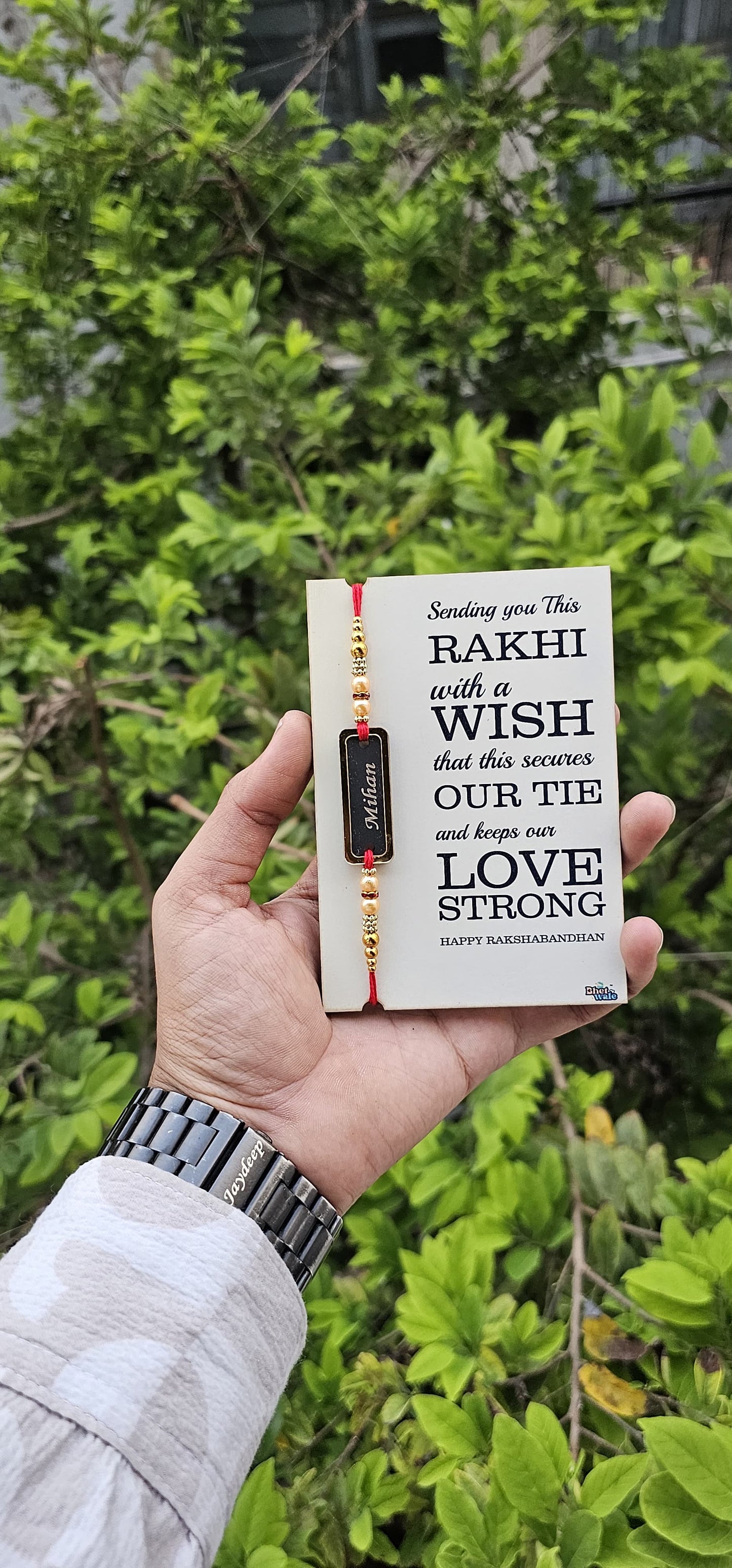 Personalized Name Rakhi with Message Card – Acrylic & MDF Combo