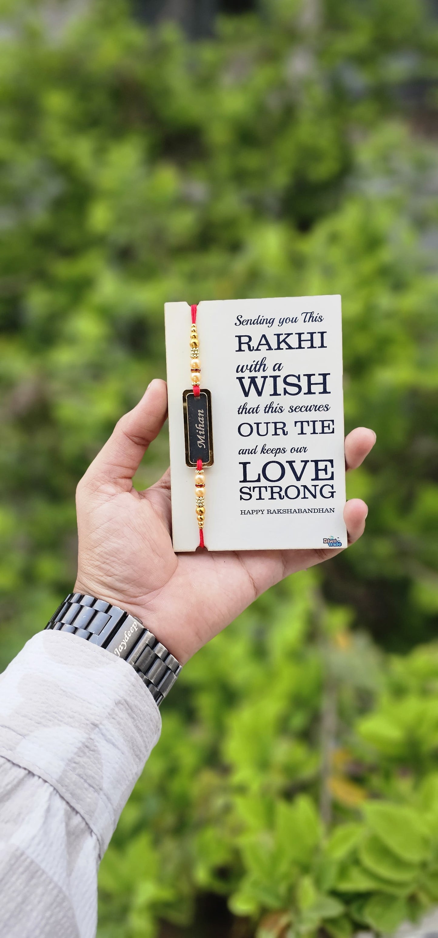 Personalized Name Rakhi with Message Card – Acrylic & MDF Combo