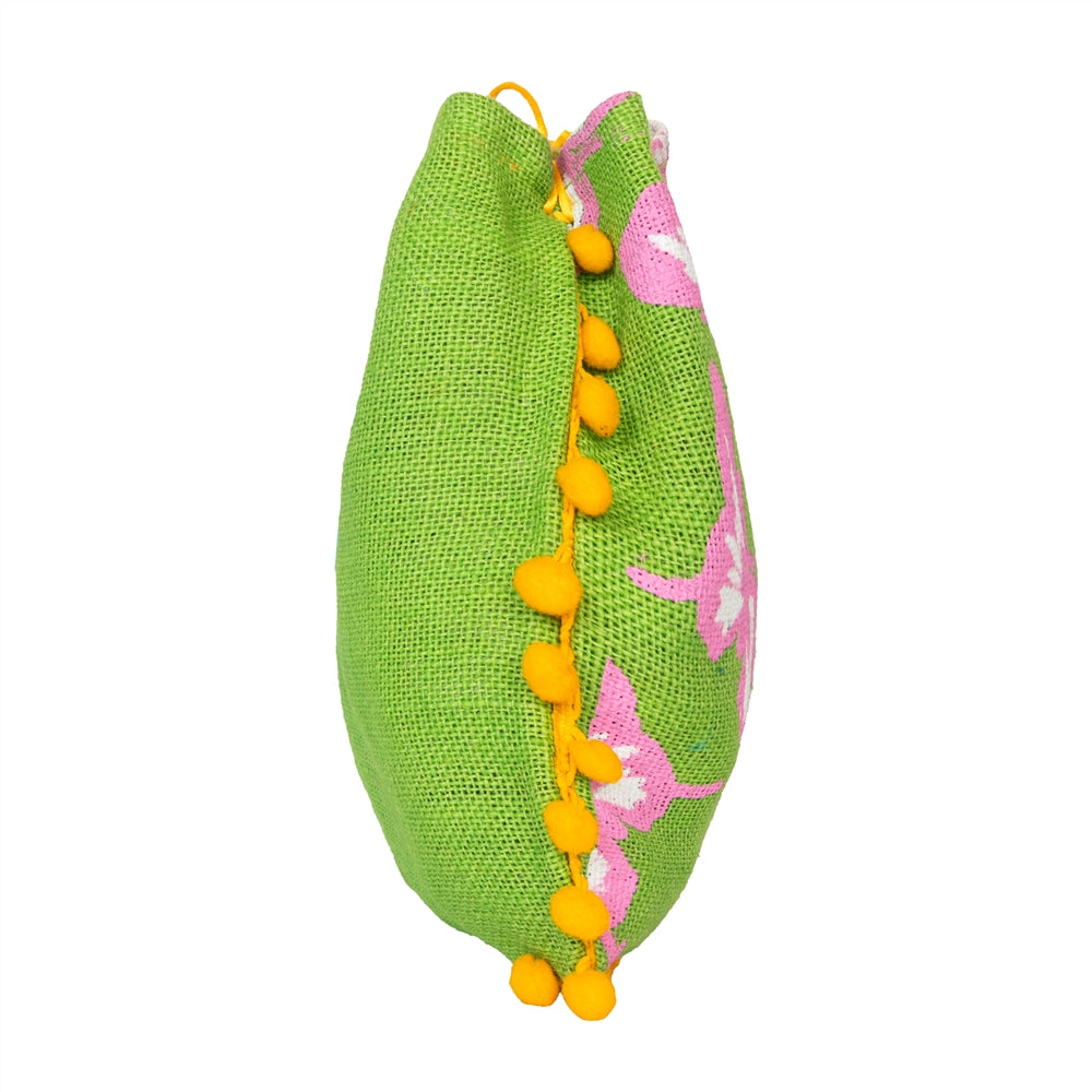 Green Floral Jute Potli Bag with Yellow Pom-Pom Lace — view 4