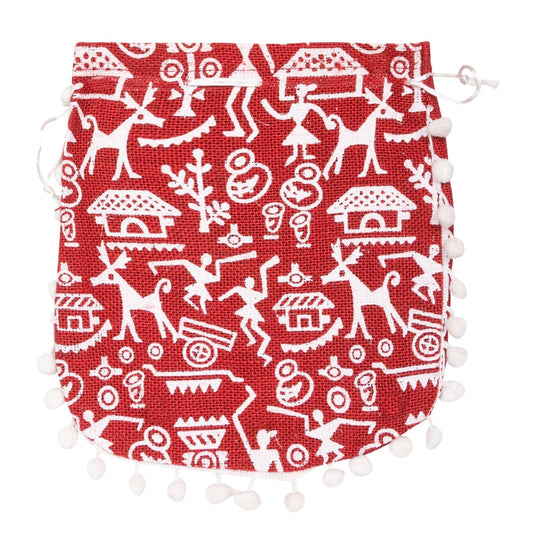 Red Warli Print Jute Potli Bag with White Pom-Pom Lace — view 2