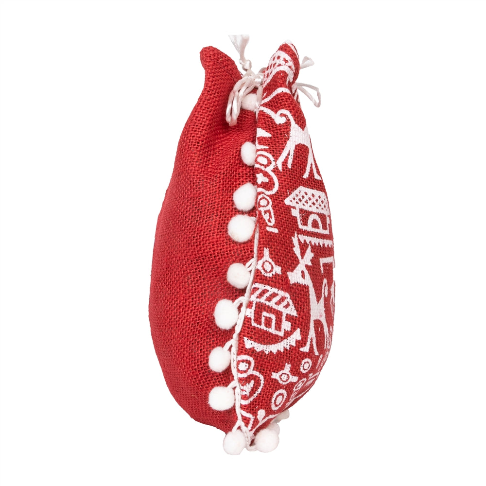Red Warli Print Jute Potli Bag with White Pom-Pom Lace — view 4