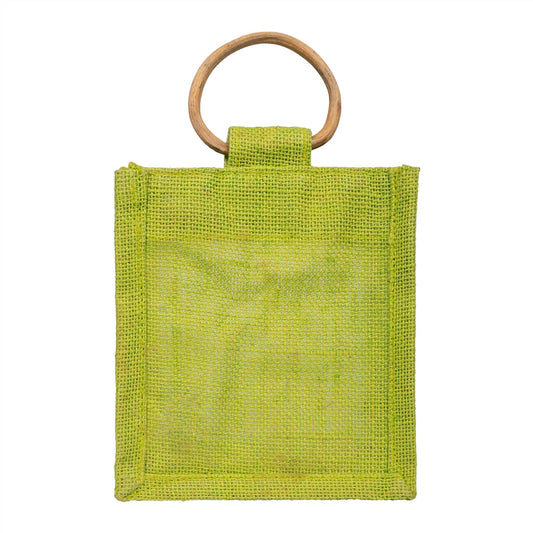Olive Green Jute Window Gift Bag with Wooden Ring Handle — view 2