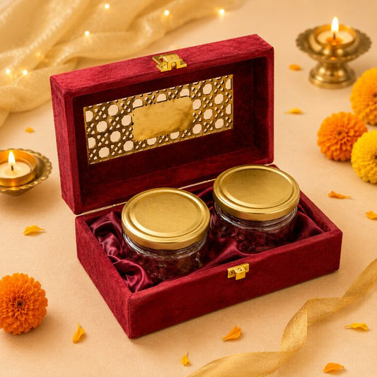 Premium Red Velvet Dry Fruit Gift Box with 2 Glass Jars | 9x5x3.5 Inch second view