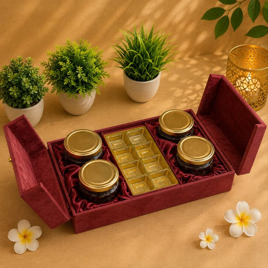 Premium Maroon Velvet Dry Fruit & Chocolate Gift Box with 4 Jars | 13x9x3.5 Inch second view