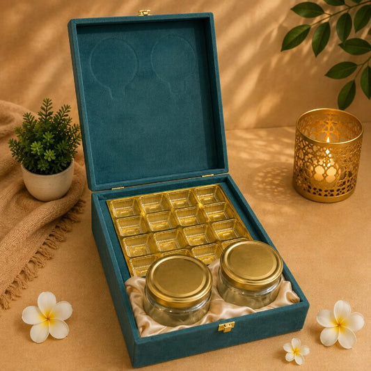 Premium Dark Green Velvet Dry Fruit & Chocolate Gift Box with 2 Jars | 13x9x3.5 Inch second view