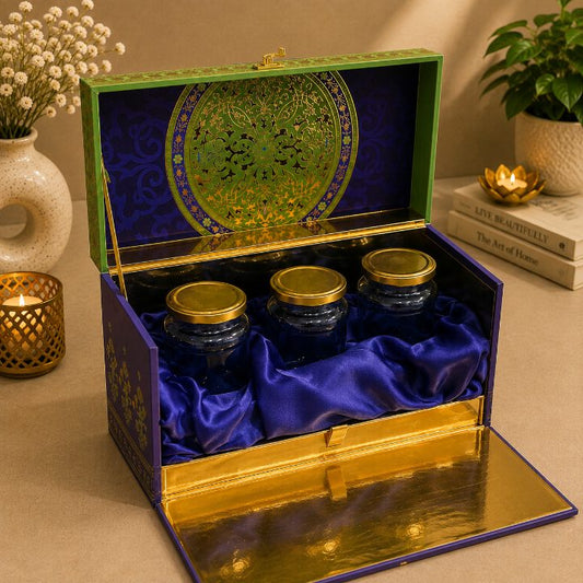 Premium Lime Green & Royal Purple Scodix Printed Dry Fruit Gift Box with 3 Jars second view