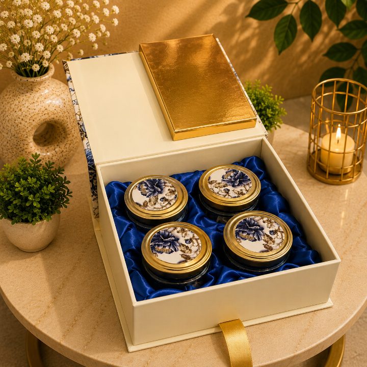 Premium Ivory Cream, Royal Blue & Gold Scodix Printed Dry Fruit Gift Box with 4 Jars second view