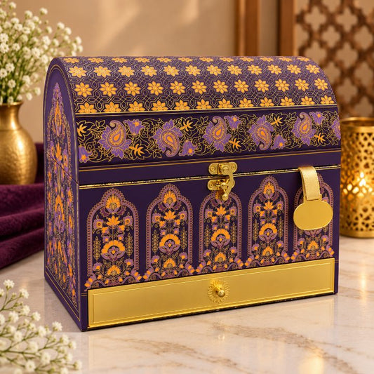 Premium Royal Navy Blue & Antique Gold Peacock Velvet Dry Fruit Gift Box with 3 Jars second view