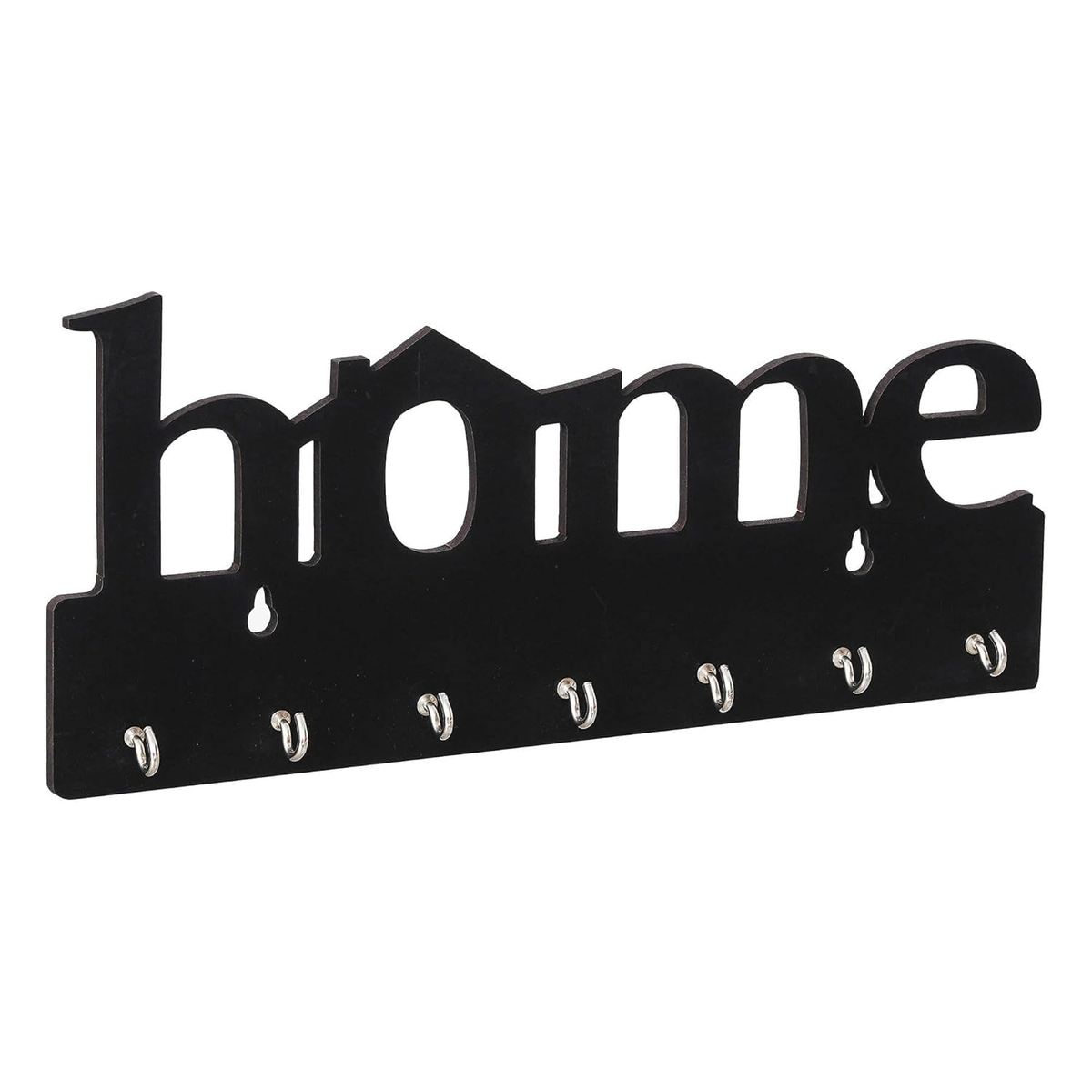 Angled view of black MDF Home key holder with seven silver-coloured hooks