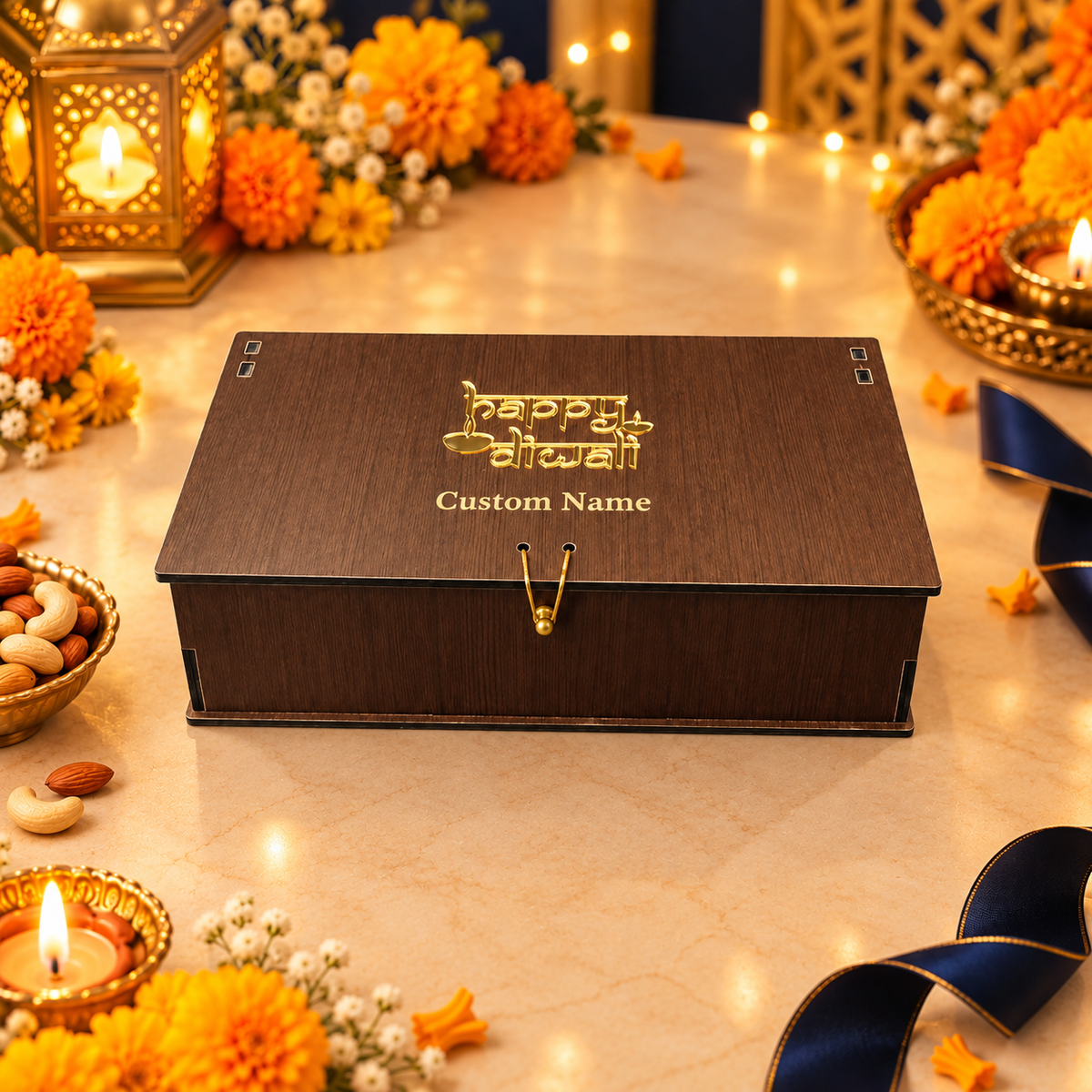 Horizontal Prelam MDF Diwali Box – 3 Glass Jars (100gm) – secondary view in Diwali setting