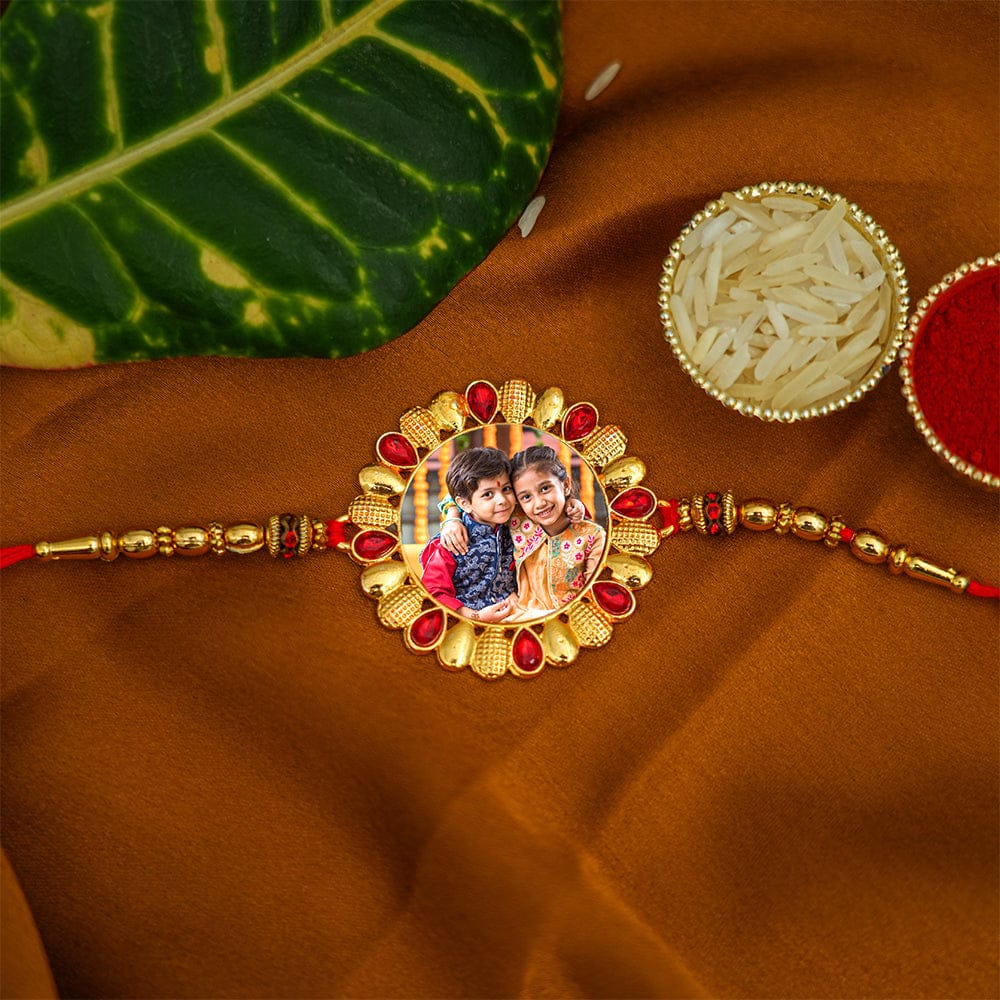 Personalized Red Jewel Bro Rakhi with Photo