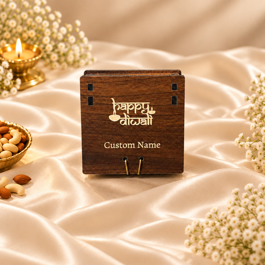 4 Cavity Prelam MDF Diwali Box – closed view on cream satin background