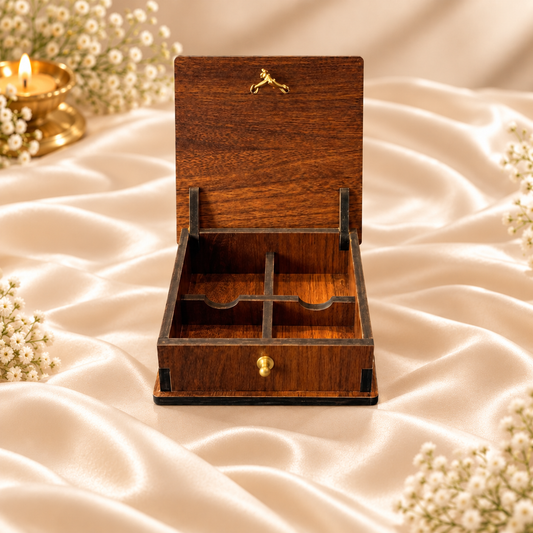 4 Cavity Prelam MDF Diwali Box – open view on cream satin background