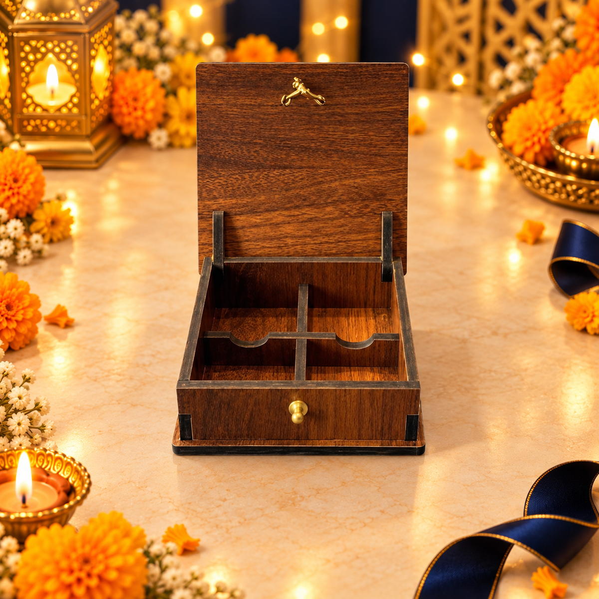 4 Cavity Prelam MDF Diwali Box – open view in festive Diwali setting