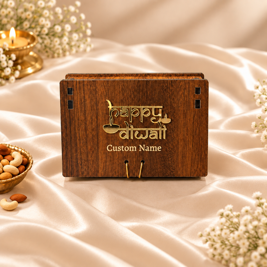 6 Cavity Prelam MDF Diwali Box – front view on cream satin background