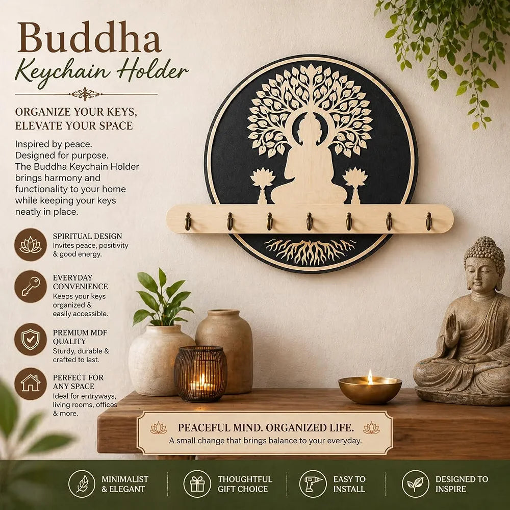 Wooden Key Holder for Wall with 7 Stainless Steel Hooks – Buddha Tree of Life Design, Wall Mount Key Hanger for Home Entrance, Office & Pooja Room, Spiritual Décor Gift, Key Organizer