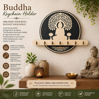 Wooden Key Holder for Wall with 7 Stainless Steel Hooks – Buddha Tree of Life Design, Wall Mount Key Hanger for Home Entrance, Office & Pooja Room, Spiritual Décor Gift, Key Organizer