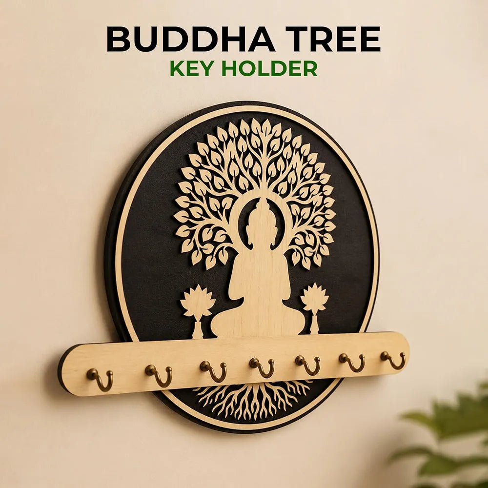 Wooden Key Holder for Wall with 7 Stainless Steel Hooks – Buddha Tree of Life Design, Wall Mount Key Hanger for Home Entrance, Office & Pooja Room, Spiritual Décor Gift, Key Organizer