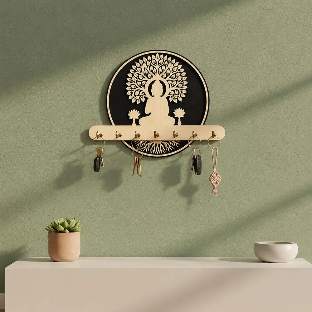 Wooden Key Holder for Wall with 7 Stainless Steel Hooks – Buddha Tree of Life Design, Wall Mount Key Hanger for Home Entrance, Office & Pooja Room, Spiritual Décor Gift, Key Organizer