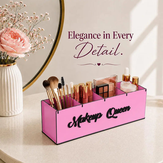 Personalized 4 in1 Makeup Organizer Box, 4 Compartment with 3D Makeup Queen Tag Cosmetic Pink Makeup Organizer Box, Organize for Cosmetic Products for Woman