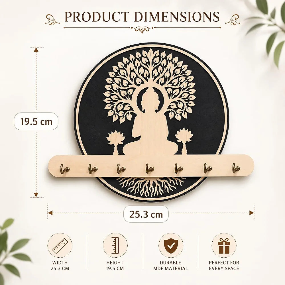 Wooden Key Holder for Wall with 7 Stainless Steel Hooks – Buddha Tree of Life Design, Wall Mount Key Hanger for Home Entrance, Office & Pooja Room, Spiritual Décor Gift, Key Organizer