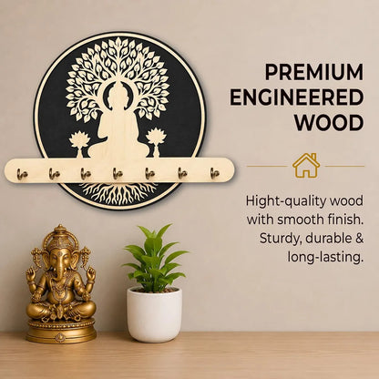 Wooden Key Holder for Wall with 7 Stainless Steel Hooks – Buddha Tree of Life Design, Wall Mount Key Hanger for Home Entrance, Office & Pooja Room, Spiritual Décor Gift, Key Organizer