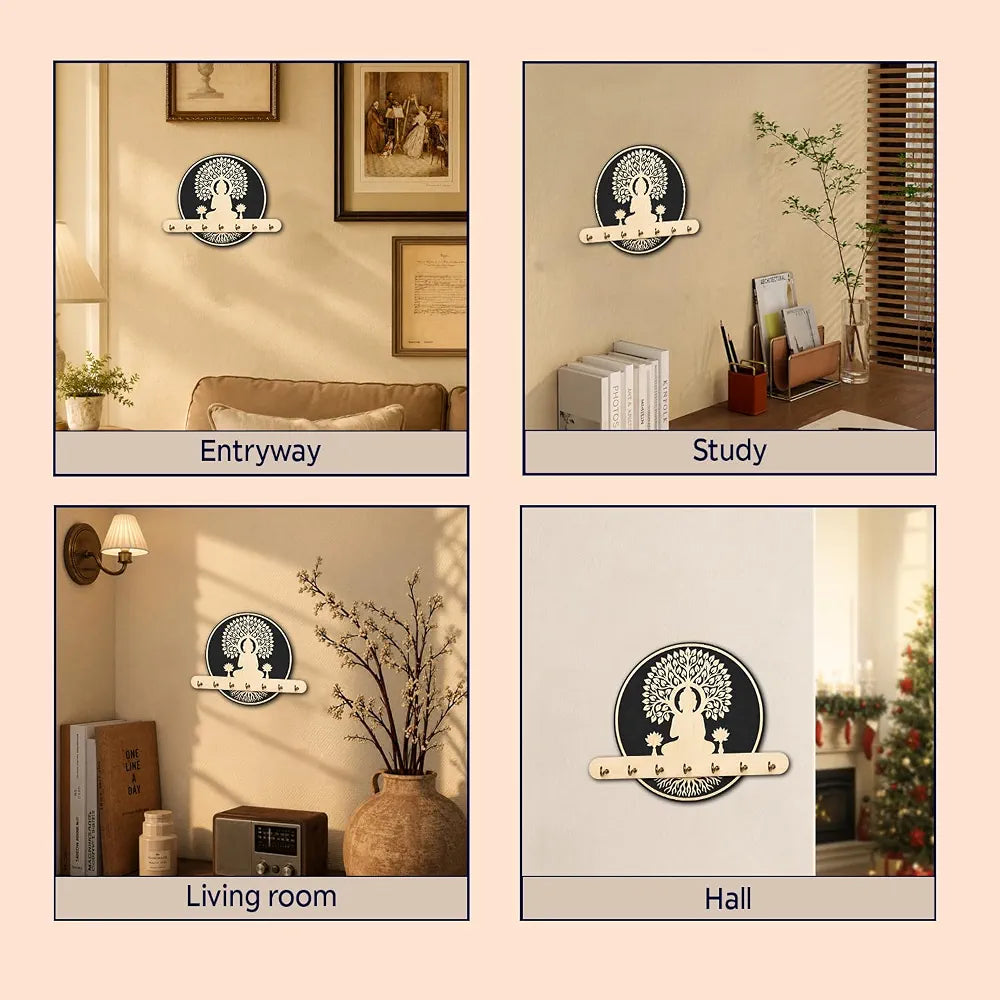 Wooden Key Holder for Wall with 7 Stainless Steel Hooks – Buddha Tree of Life Design, Wall Mount Key Hanger for Home Entrance, Office & Pooja Room, Spiritual Décor Gift, Key Organizer