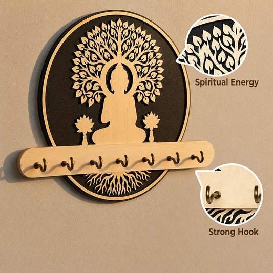 Wooden Key Holder for Wall with 7 Stainless Steel Hooks – Buddha Tree of Life Design, Wall Mount Key Hanger for Home Entrance, Office & Pooja Room, Spiritual Décor Gift, Key Organizer
