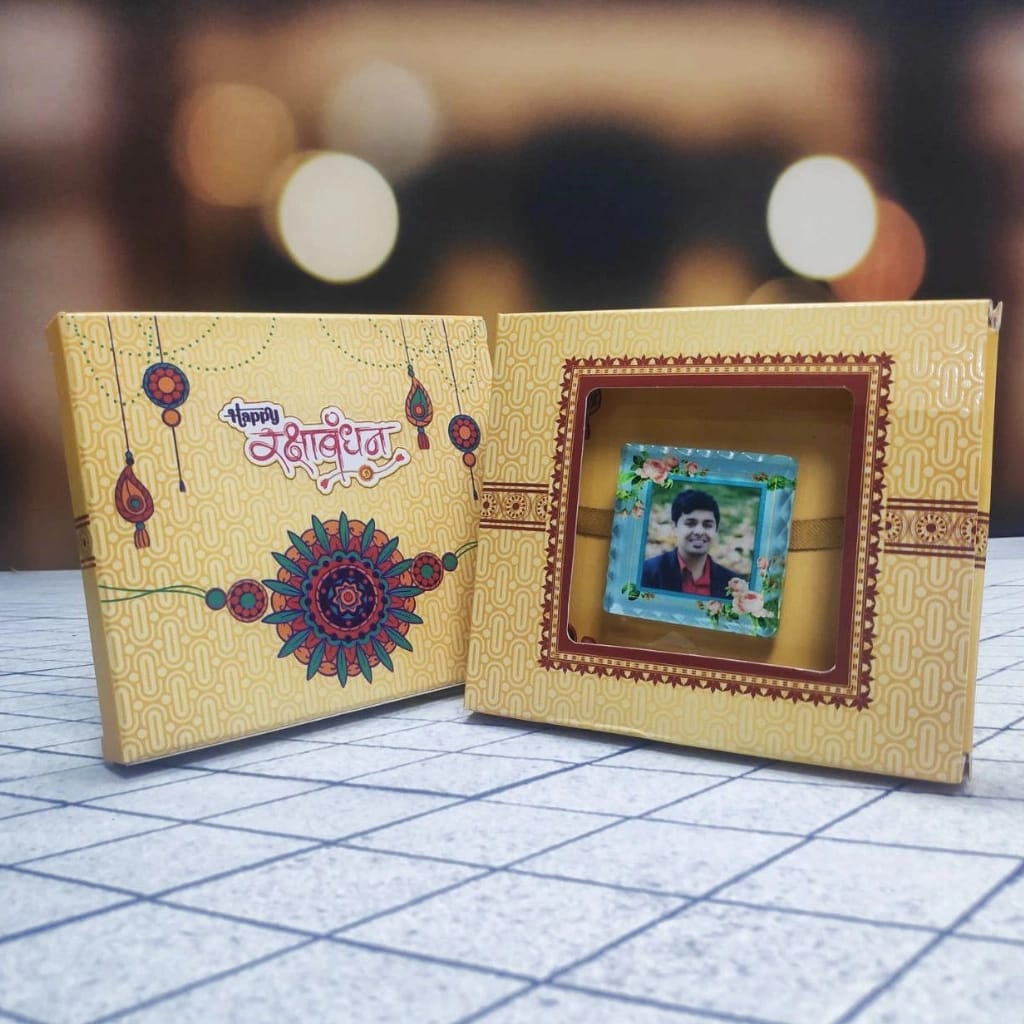 Personalized Photo Crystal Rakhi - Elegant Square Design