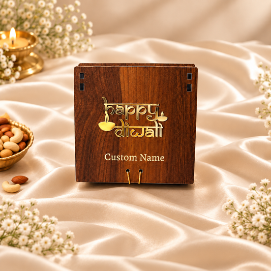 9 Cavity Prelam MDF Diwali Box – front view on cream satin background