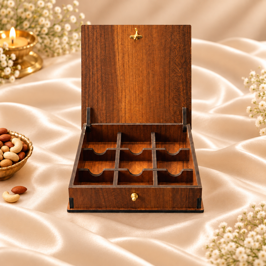 9 Cavity Prelam MDF Diwali Box – open view on cream satin background