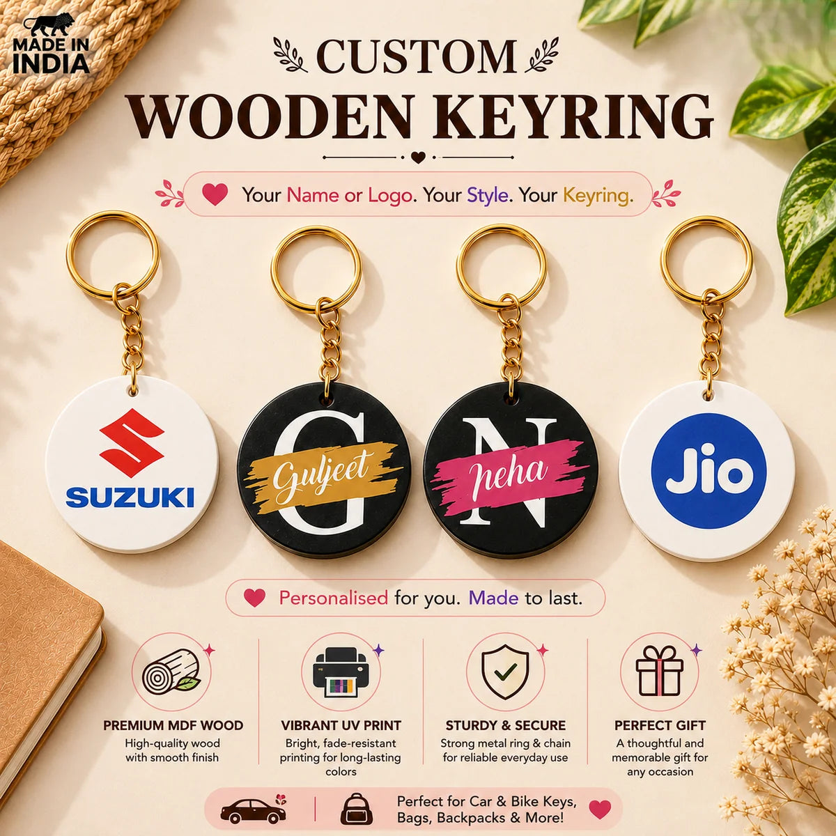 Custom Wooden Keychain - Customised Name or Logo