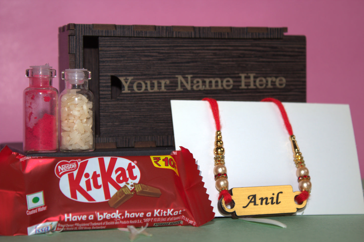 Personalized Rakhi Gift Combo - Rudraksha Rakhi and KitKat