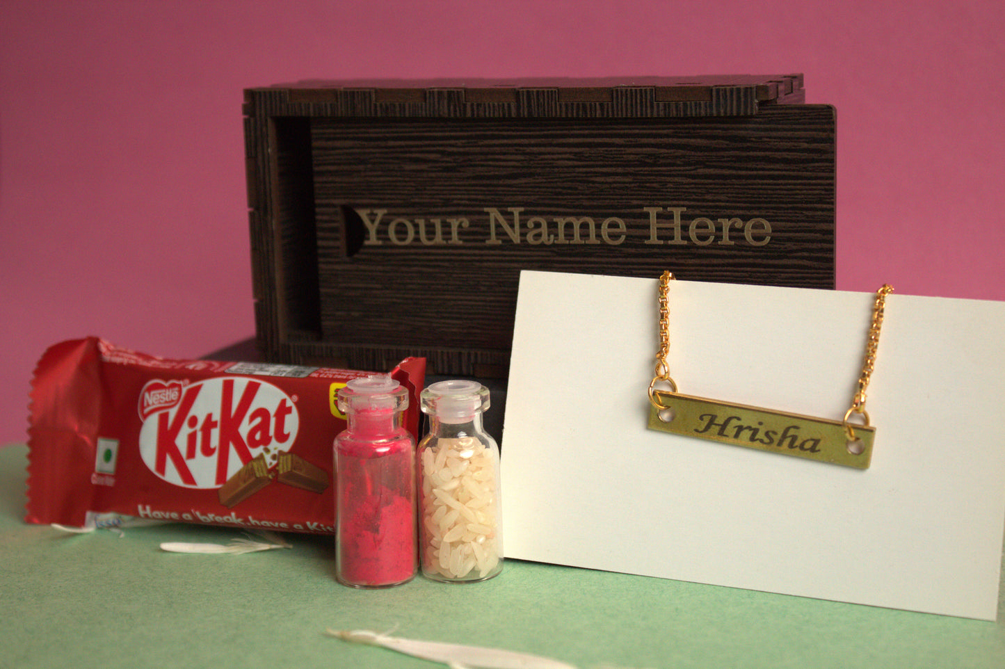 Personalized Rakhi Gift Combo - with KitKat & traditional roli and rice.