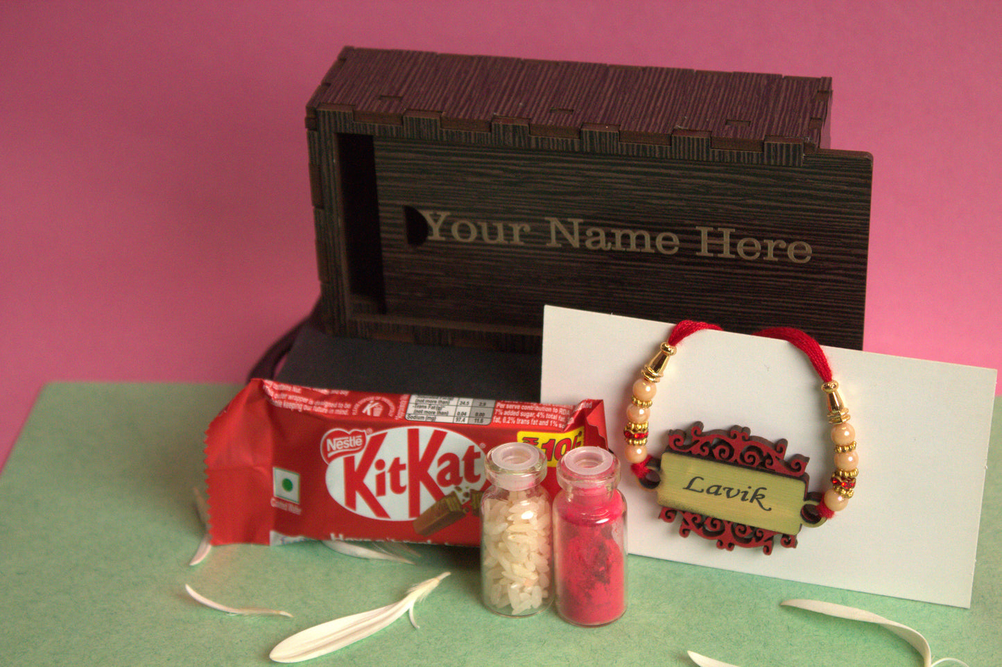 Personalized Rakhi Gift Combo - Name Tag Rakhi and KitKat