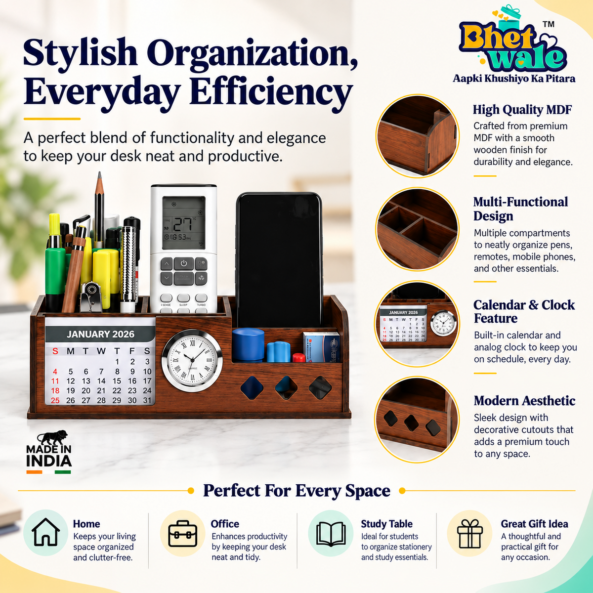 Samay Station Wooden Desk Organizer - Features