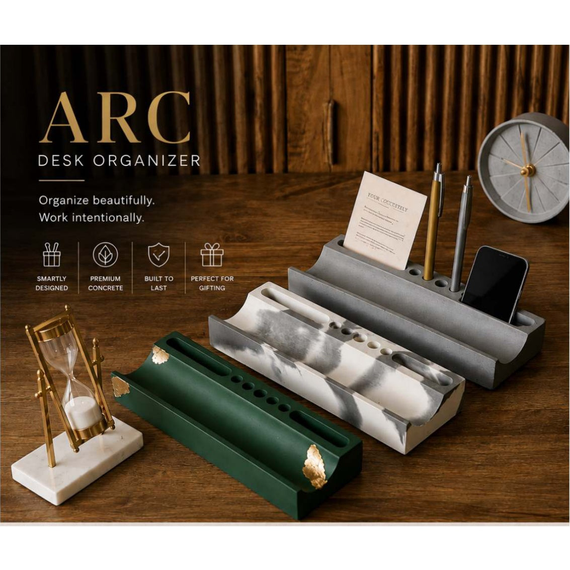 Arc Concrete Desk Organizer – available finishes