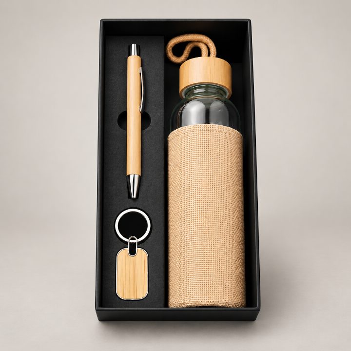 Bamboo Pen, Bamboo Keychain & Glass Bottle with Jute Cover Corporate Gift Set - GS380