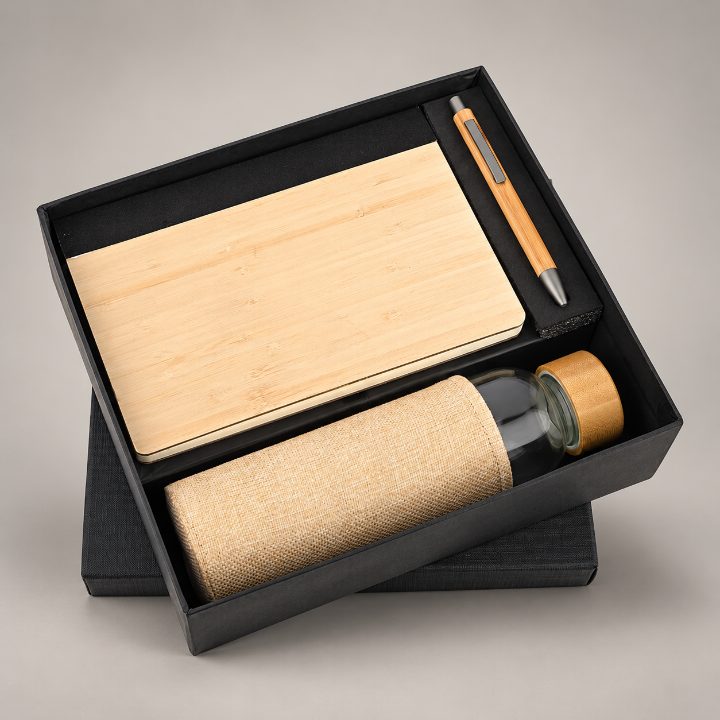 Wooden Diary, Pen & Glass Bottle with Jute Cover Corporate Gift Set - GS259