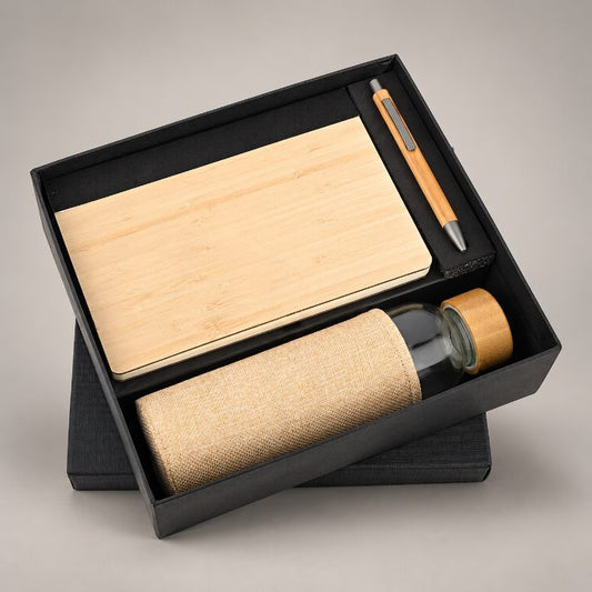 Wooden Diary, Pen & Glass Bottle with Jute Cover Corporate Gift Set - GS259
