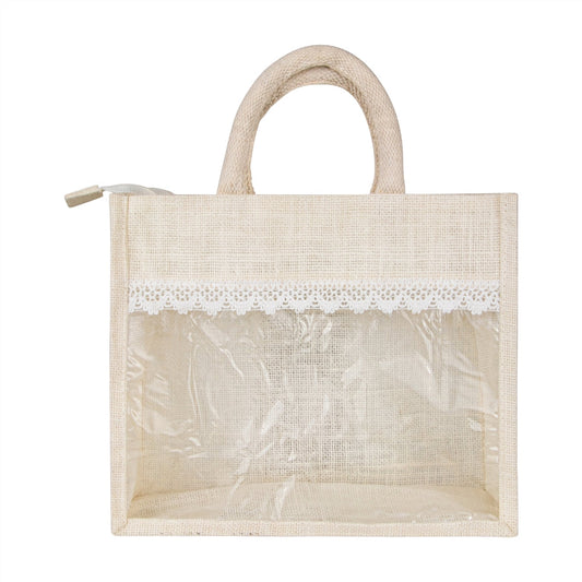 12x10x5 inch Window Jute Hamper Bag – With Zip & Lace, Off White — view 1