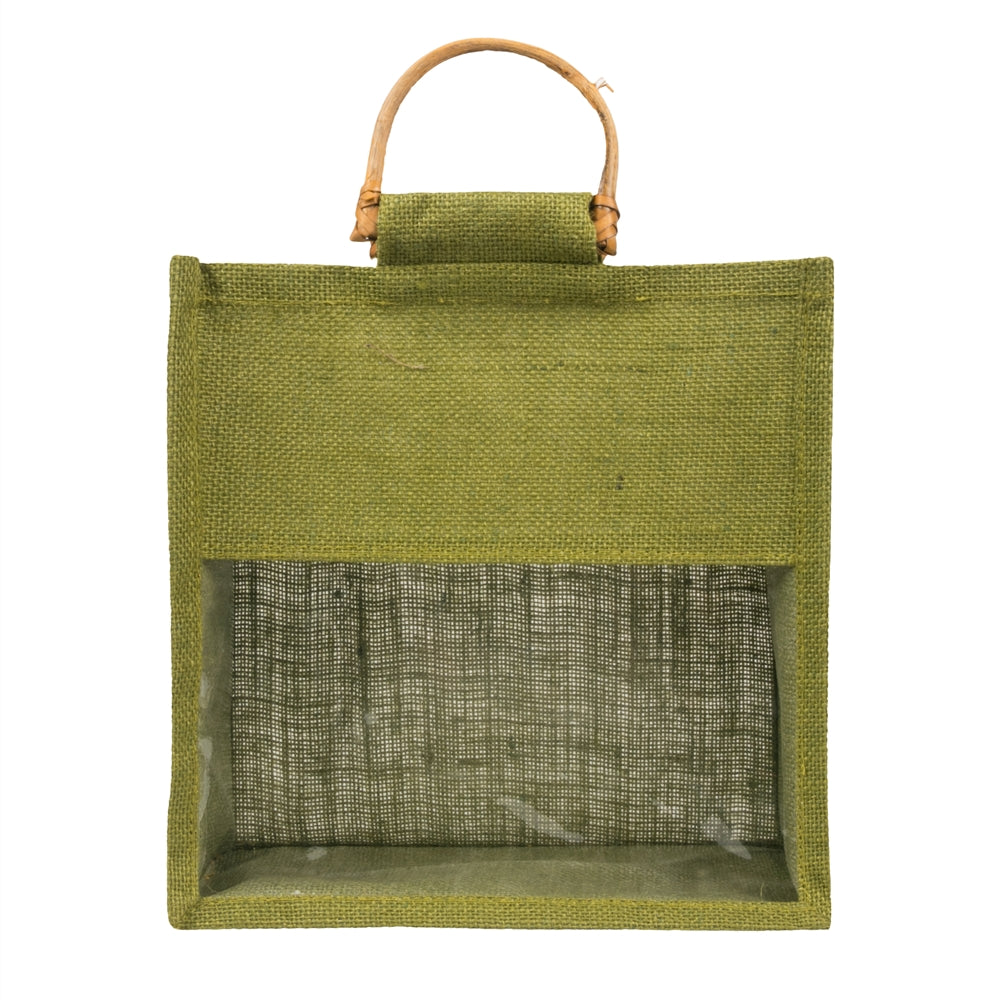 10x10x5 inch Window Jute Hamper Bag – Without Zip, Olive Green, Cane Handle — view 2