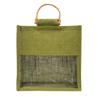 10x10x5 inch Window Jute Hamper Bag – Without Zip, Olive Green, Cane Handle — view 2