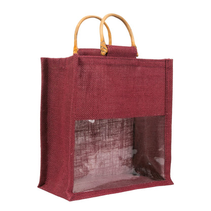 10x10x5 inch Window Jute Hamper Bag – Without Zip, Maroon, Cane Handle — view 1