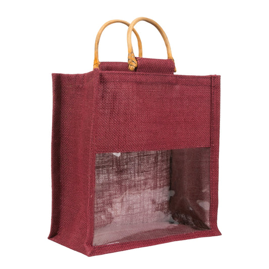 10x10x5 inch Window Jute Hamper Bag – Without Zip, Maroon, Cane Handle — view 1