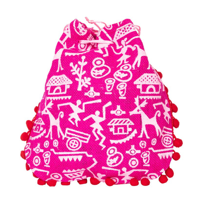 Pink Warli Print Jute Potli Bag with Red Pom-Pom Lace — view 1